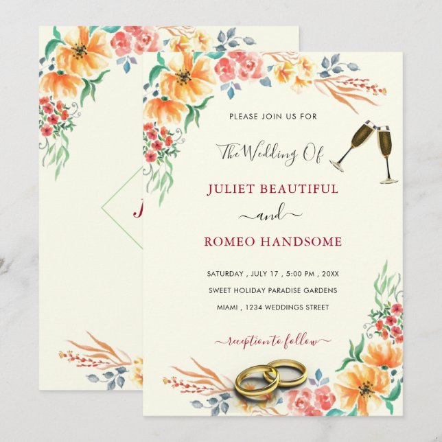 Aquarelle Faire-part de mariage de cadre Floral (Devant / Derrière)