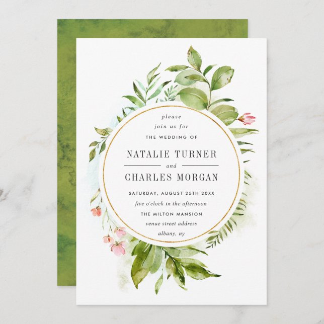 Aquarelle Faire-part de mariage de feuillage vert  (Devant / Derrière)