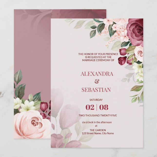 Aquarelle Faire-part de mariage Fleurs (Devant / Derrière)