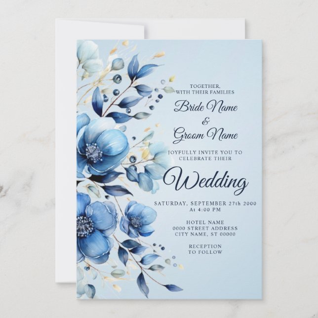 Aquarelle Faire-part de mariage Fleurs Bleues (Devant)