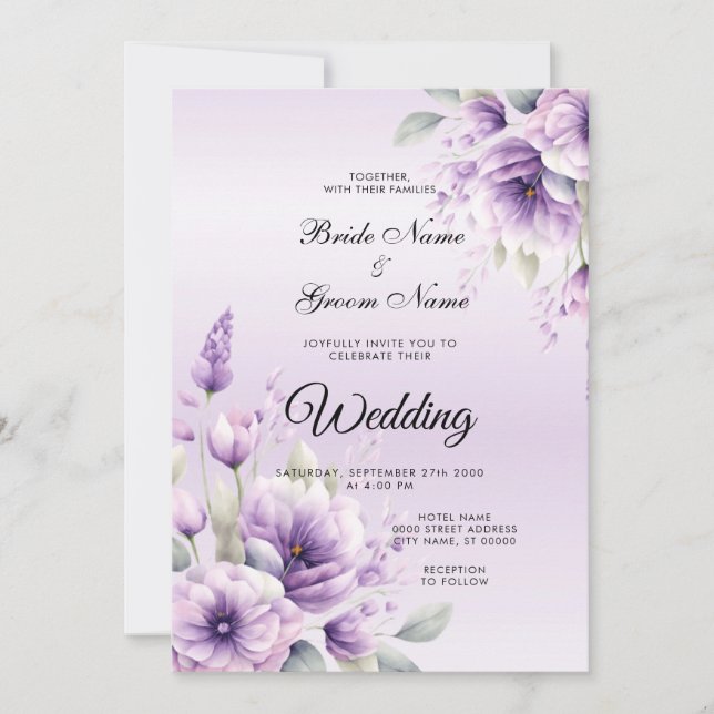 Aquarelle Faire-part de mariage Florale pourpre (Devant)