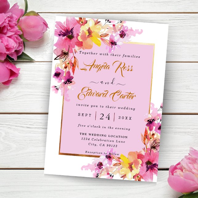 Aquarelle Faire-part de mariage Florale Rose Et Or (Créateur téléchargé)
