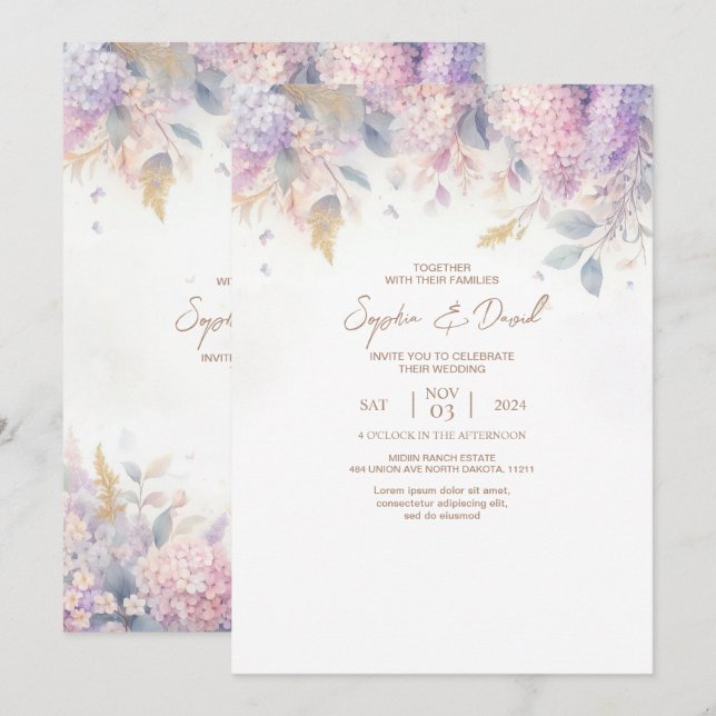 Aquarelle Faire-part de mariage Lilac (Devant / Derrière)