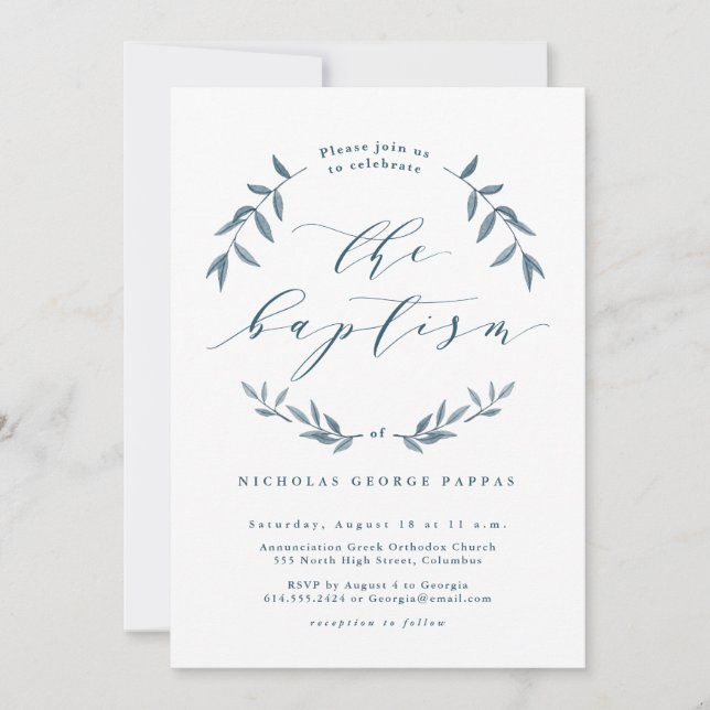 Aquarelle feuille bleu baptême invitation (Devant)