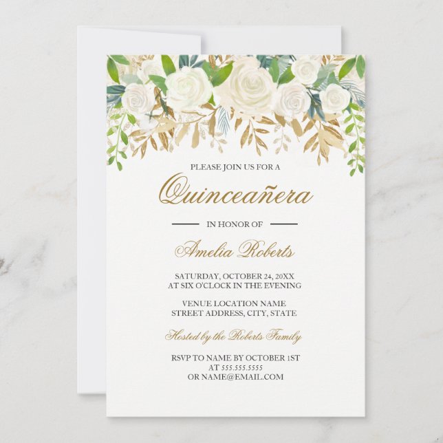Aquarelle feuille or Quinceanera Invitation (Devant)