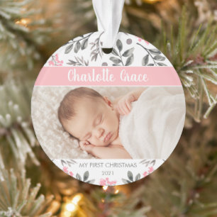 Aquarelle Feuilles Baby Girl First Christmas Photo