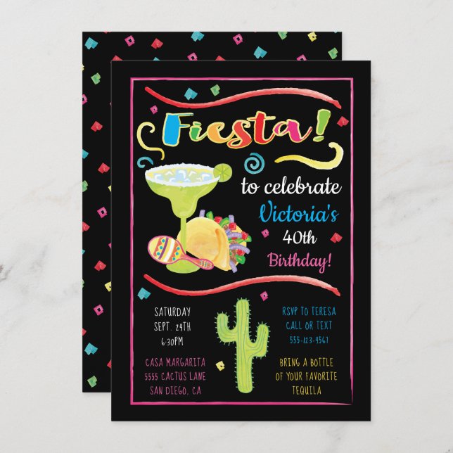 Aquarelle Fiesta mexicaine Invitation d'anniversai (Devant / Derrière)