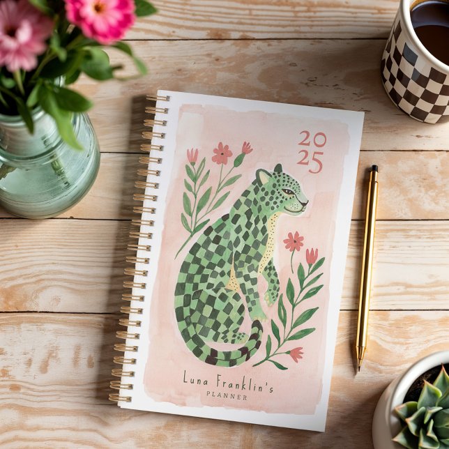 Aquarelle fille Abstraite À damiers Cheetah Floral (Girly Watercolor Abstract Checkered Cheetah Floral Planner)