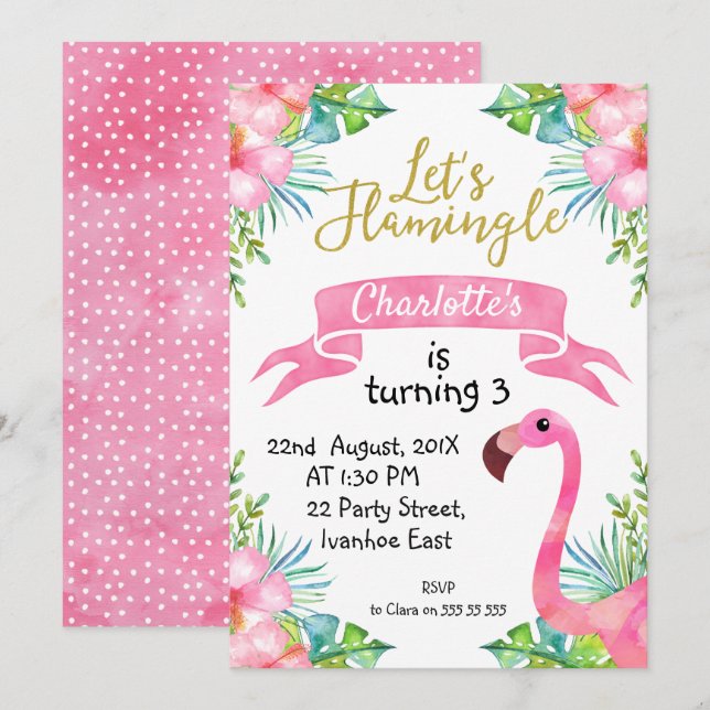 Aquarelle Flamingle Anniversaire Invitation (Devant / Derrière)