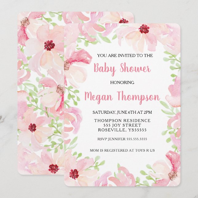 Aquarelle Fleur Baby shower Invitation Anémone (Devant / Derrière)