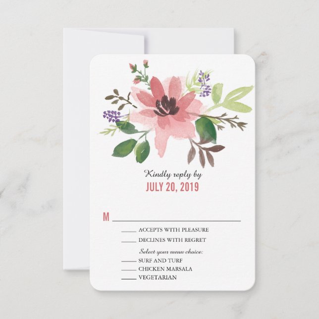 Aquarelle Fleur rose | Mariage RSVP (Devant)