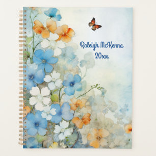 Aquarelle Fleur sauvage bleue, brune et blanche