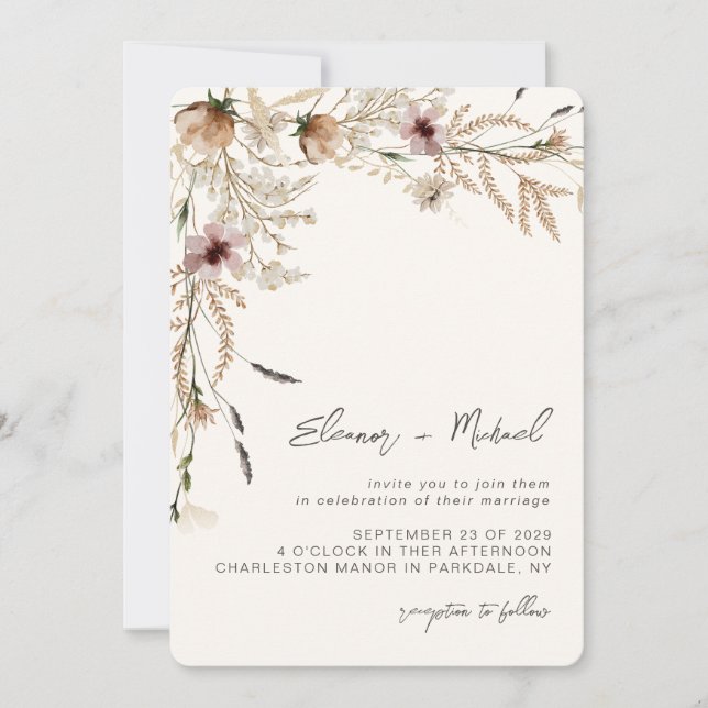Aquarelle Fleur sauvage Faire-part de mariage beig (Devant)