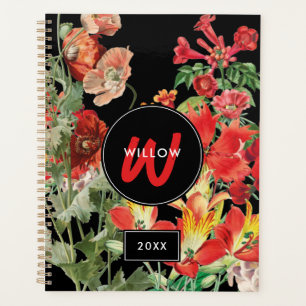Aquarelle Fleur sauvage noir rouge Monogramme