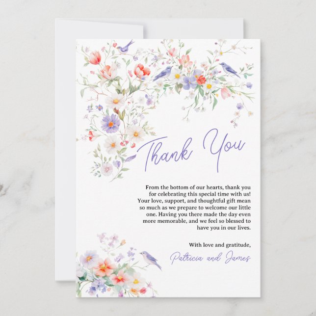 Aquarelle Fleur sauvage Oiseaux Baby shower Merci (Devant)