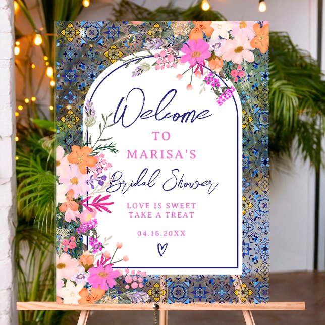 Aquarelle fleurie italienne en tuiles bleues bienv (Italian blue tile floral watercolor bridal welcome acrylic sign)