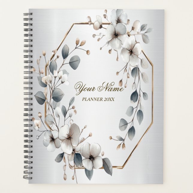 Aquarelle Fleurs blanches Cadre doré Argent Turquo (Devant)