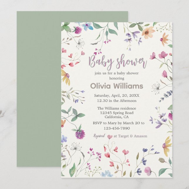 Aquarelle fleurs de champ Baby shower Invitation (Devant / Derrière)