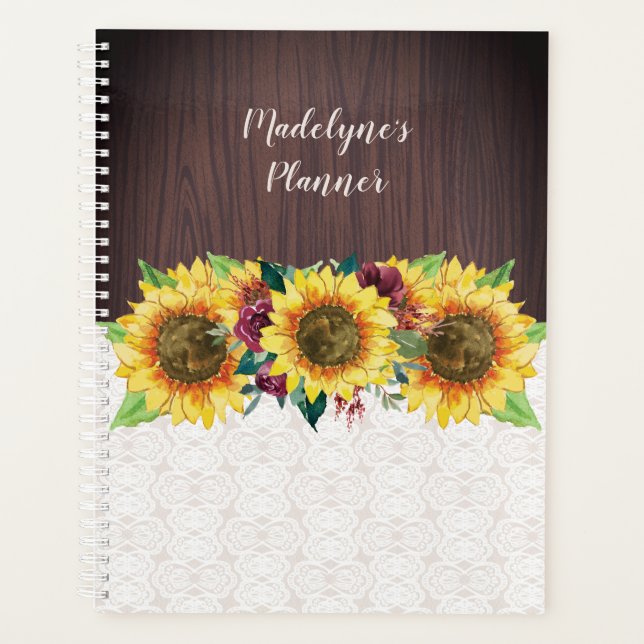 Aquarelle Fleurs de soleil dentelle Bois Nom rusti (Devant)