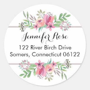 Aquarelle Fleurs en rose, Sticker d'adresse circul