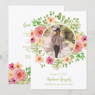 Aquarelle Fleurs Photo Graduation Invitation