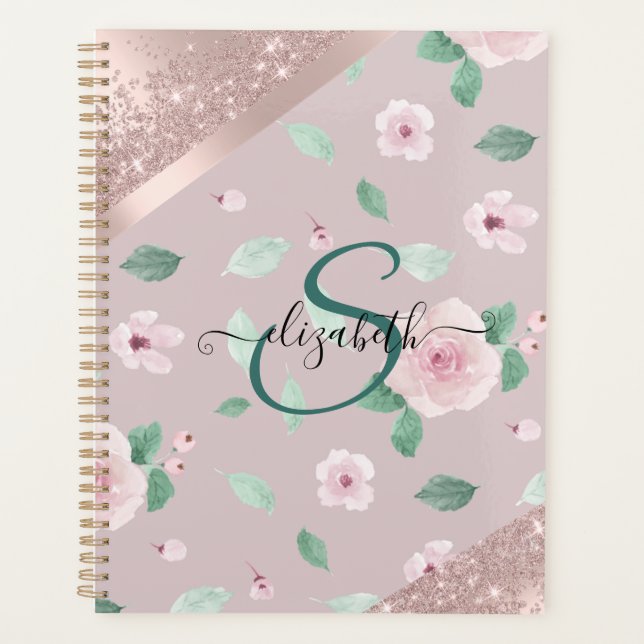 Aquarelle Fleurs Rose or Monogramme (Devant)