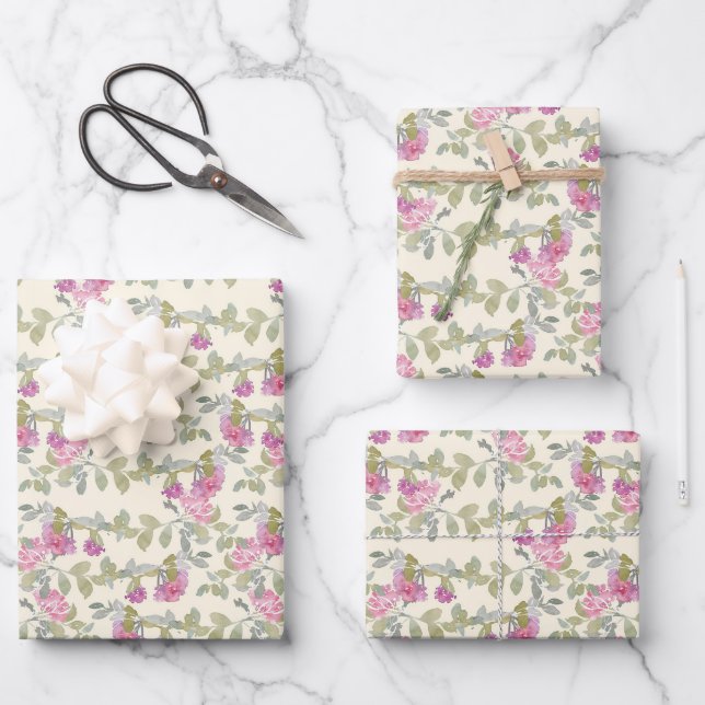 Aquarelle Fleurs roses Envelopper les feuilles de  (Recto)