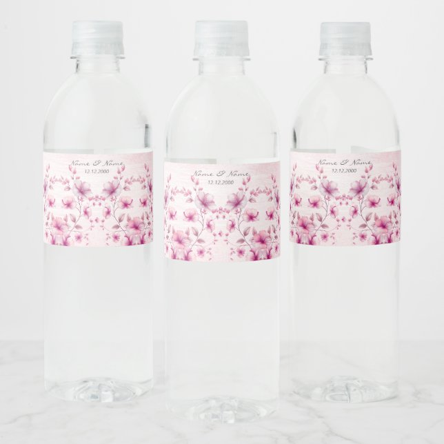 Aquarelle Fleurs roses Étiquette bouteille d'eau (Bouteilles)