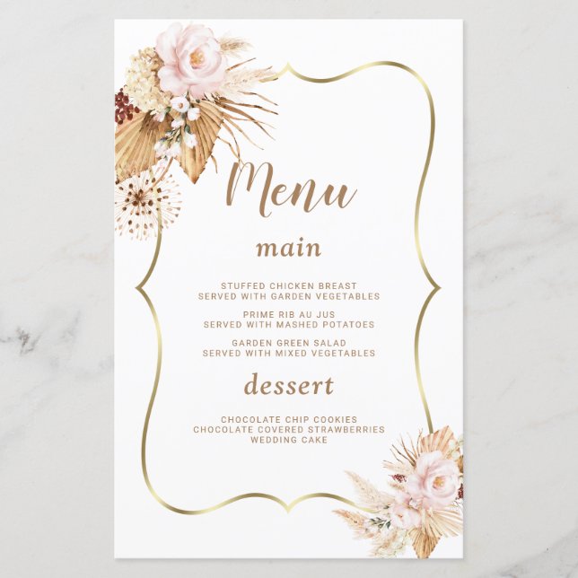 Aquarelle Fleurs Rouges Pampas Grass Menu Mariage (Devant)