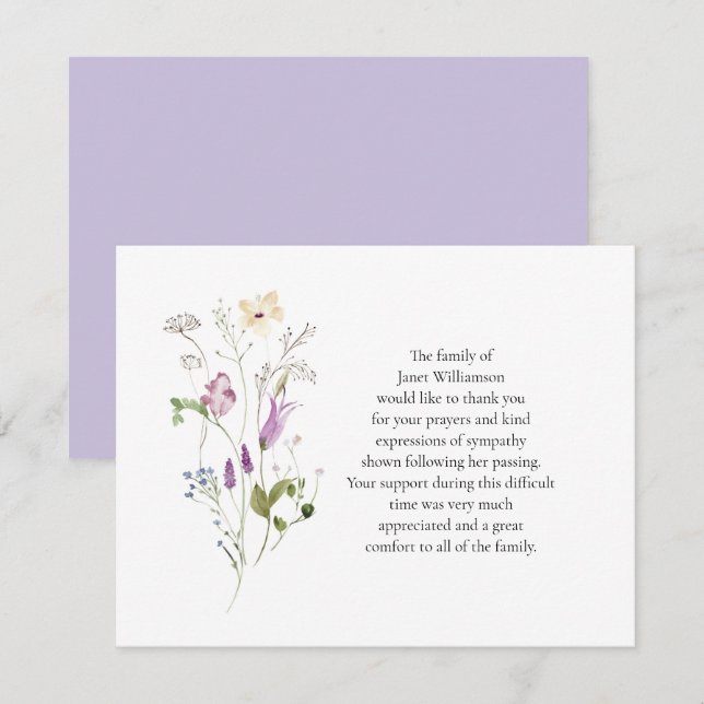 Aquarelle Fleurs sauvages funéraires Merci de lava (Devant / Derrière)