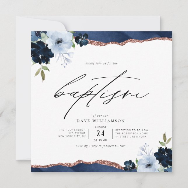 aquarelle fleurs script bleu baptême invitation (Devant)