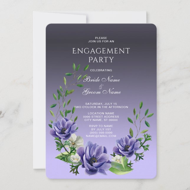 Aquarelle Fleurs violettes Invitation Fiançailles (Devant)