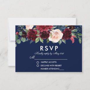 Aquarelle Floral Bourgogne Bleu Mariage RSVP