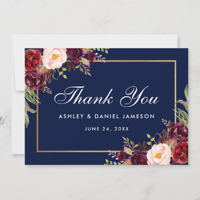 Aquarelle Floral Bourgogne Bleu Merci B Mariage (Devant)