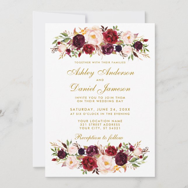 Aquarelle Floral Bourgogne Faire-part de mariage W (Devant)