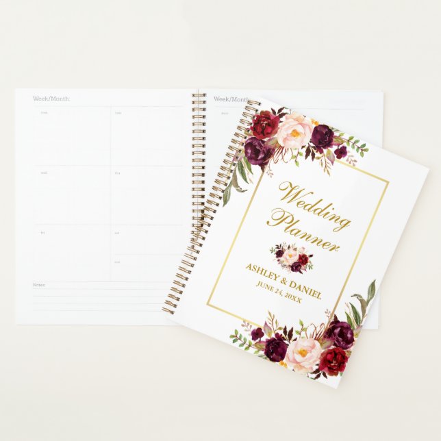 Aquarelle Floral Bourgogne Mariage or (Devant avec enveloppe)