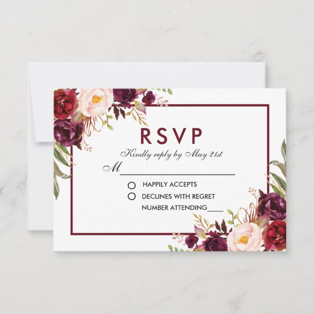 Aquarelle Floral Bourgogne Mariage RSVP (Devant)