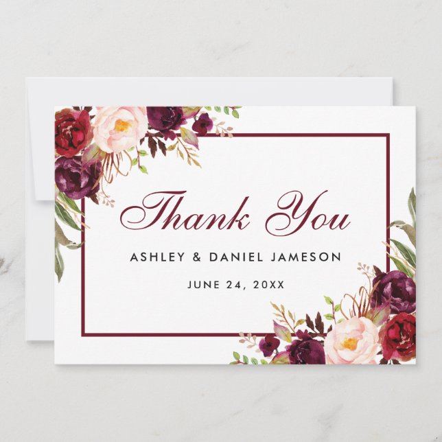Aquarelle Floral Bourgogne Merci Mariage B (Devant)