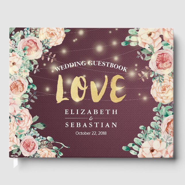 Aquarelle Floral Bourgogne Rouge Mariage Livre d'o (Recto)