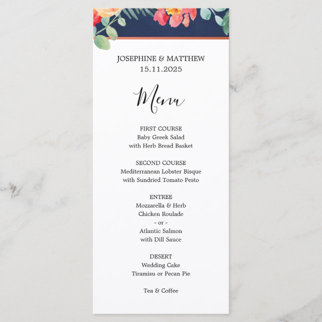Aquarelle Floral Coral Marine Menu Mariage (Devant)
