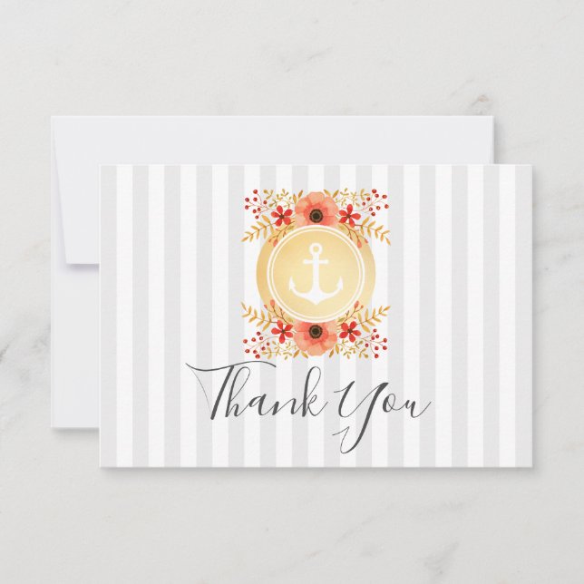 Aquarelle Floral Gold Ancre Carte de remerciements (Devant)