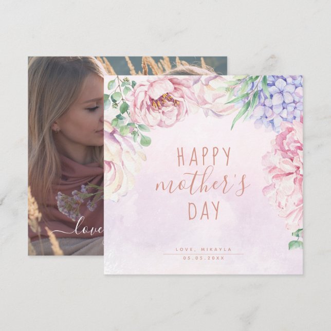 Aquarelle Floral Joyeux carte photo de la fête des (Devant / Derrière)