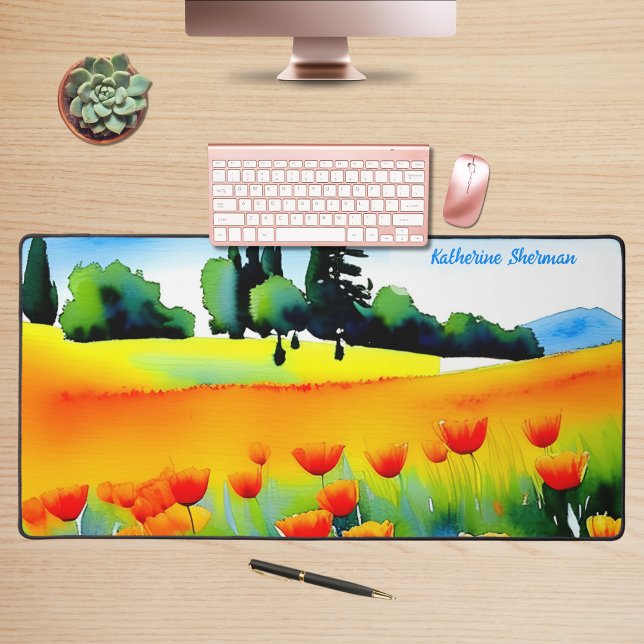 Aquarelle Floral Orange Californie Poppies Pré (Watercolor floral orange California Poppies in a meadow with trees for your desktop or workspace.)