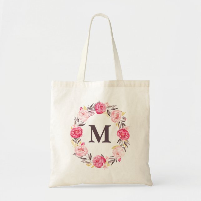 Aquarelle Floral Personnalisé Monogramme Sac en to (Devant)