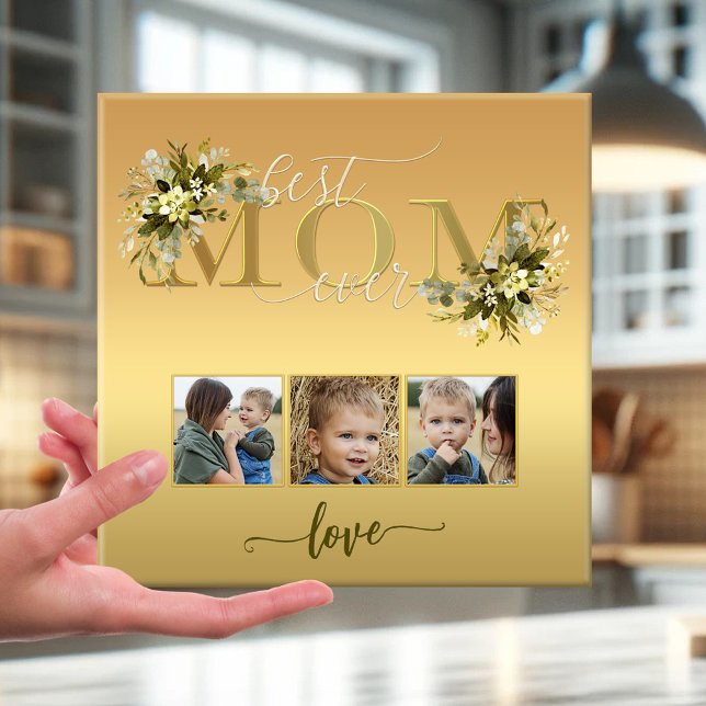 Aquarelle Floral Photo Collage Maman Carreau (Elegant Mom love photo template tile with watercolor flowers on gold - script - Mother's Day)
