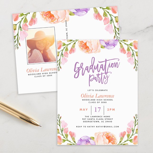 Aquarelle Floral Photo Graduation Party Invitation (Créateur téléchargé)