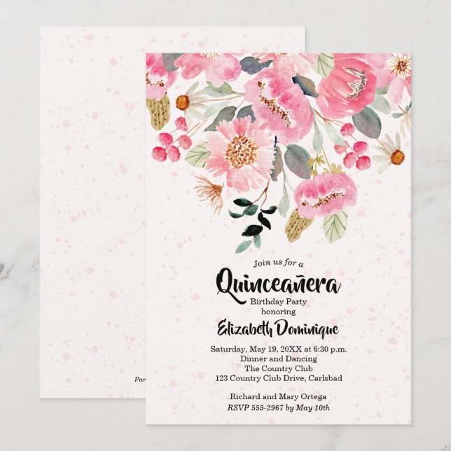 Aquarelle Floral Quinceañera Invitations d'anniver (Devant / Derrière)