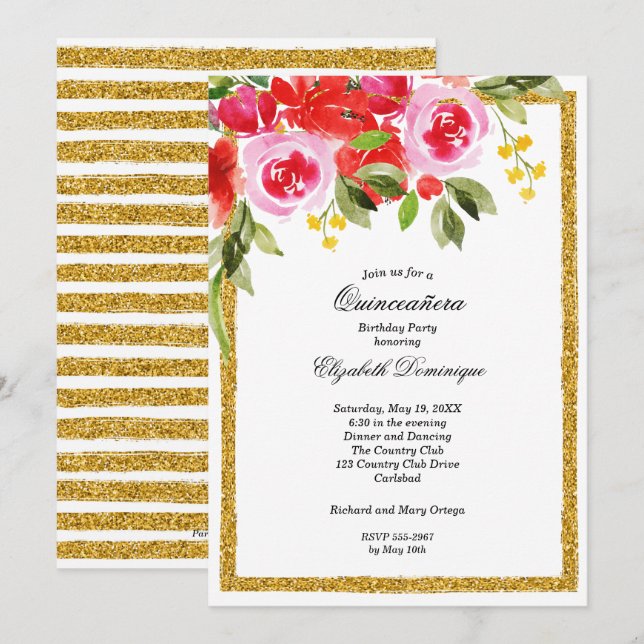 Aquarelle Floral Quinceañera Invitations d'anniver (Devant / Derrière)