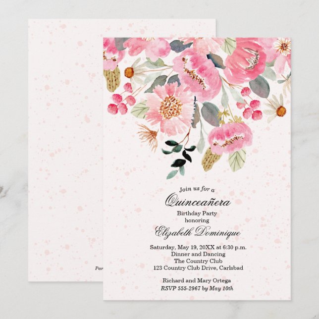 Aquarelle Floral Quinceañera Invitations d'anniver (Devant / Derrière)