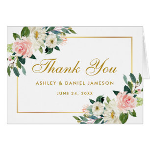 Aquarelle Floral Rose Blanc Or Mariage Merci